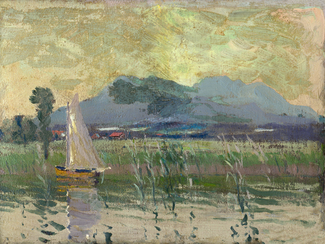 Sailboat on a Lake in a Rustic Summer Landscape Painting Printable Download