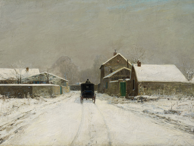 Moody Landscape Painting of a Horse Drawn Carriage on a Snow Covered Country Village Road  Printable Vintage Art