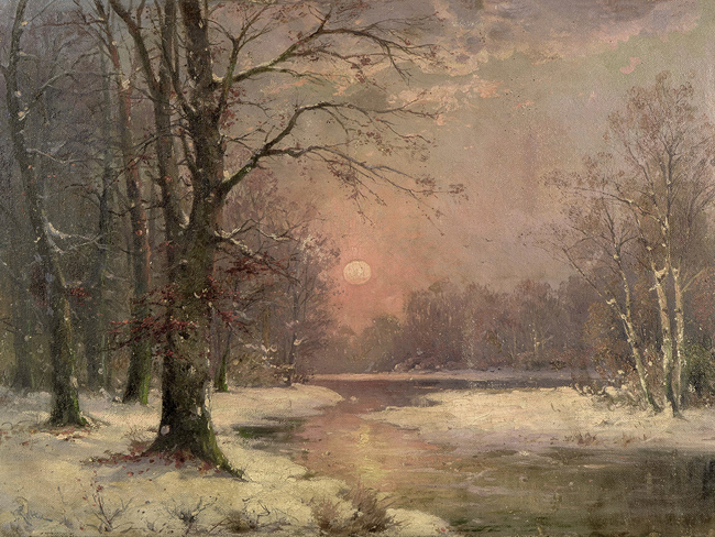 Winter Forest Scenery with a muted Orange Sunset on a Snowy River Landscape Painting Printable Download 